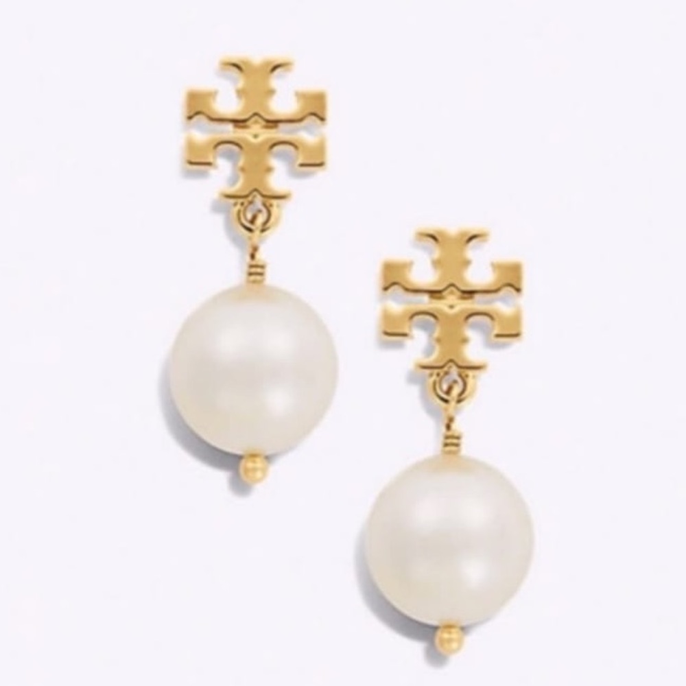 COPY - tory burch logo pearl dangling earrings